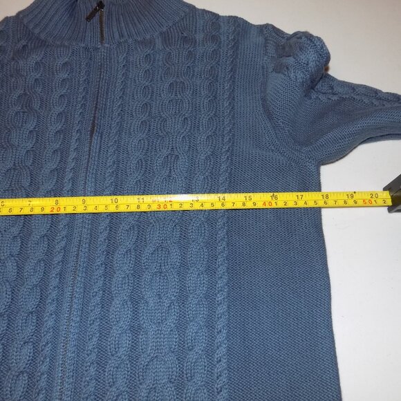 LL Bean Double L Cable Sweater Zip Front Cardigan Blue Medium Cotton Vtg Granny - Picture 4 of 5